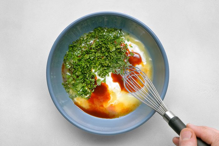 Ranch dressing, adobo sauce, cilantro and lime juice whisked together in a small bowl.