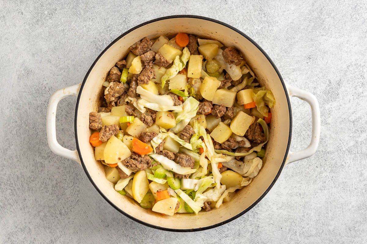 vegetables in pot for Beef Cabbage Stew