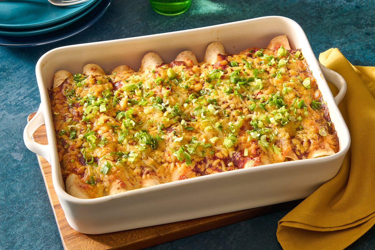 Angled shot of a dish of Breakfast Enchiladas