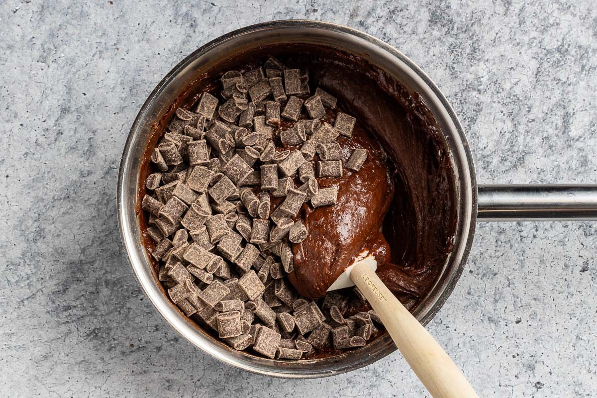 folding in the chocolate chunks to the batter.