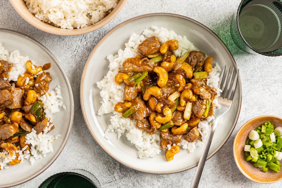 Taste of Home Cashew Beef photo of the finished recipe served over rice.