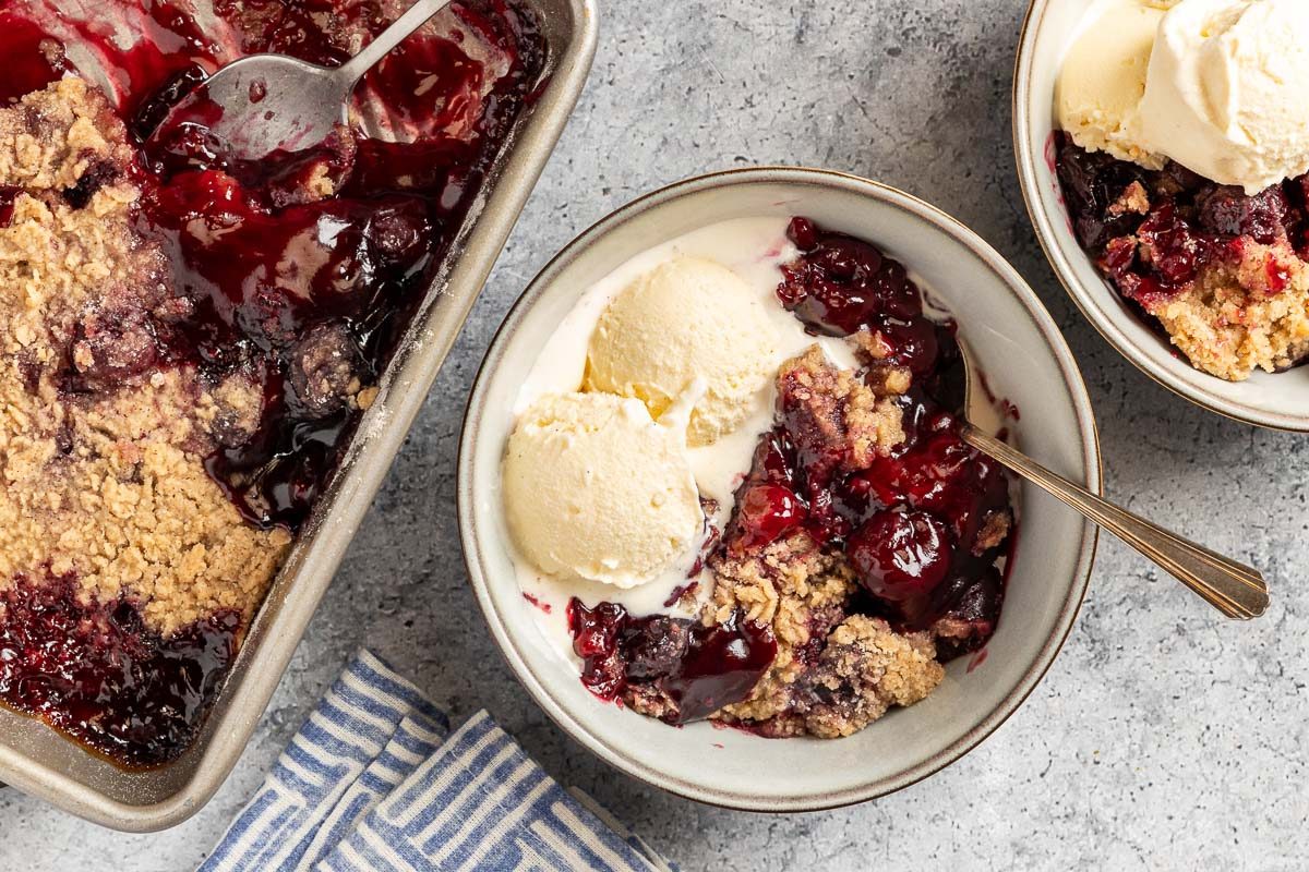 Taste of Home Cherry Crumble Recipe photo of the finished recipe served into bowls.