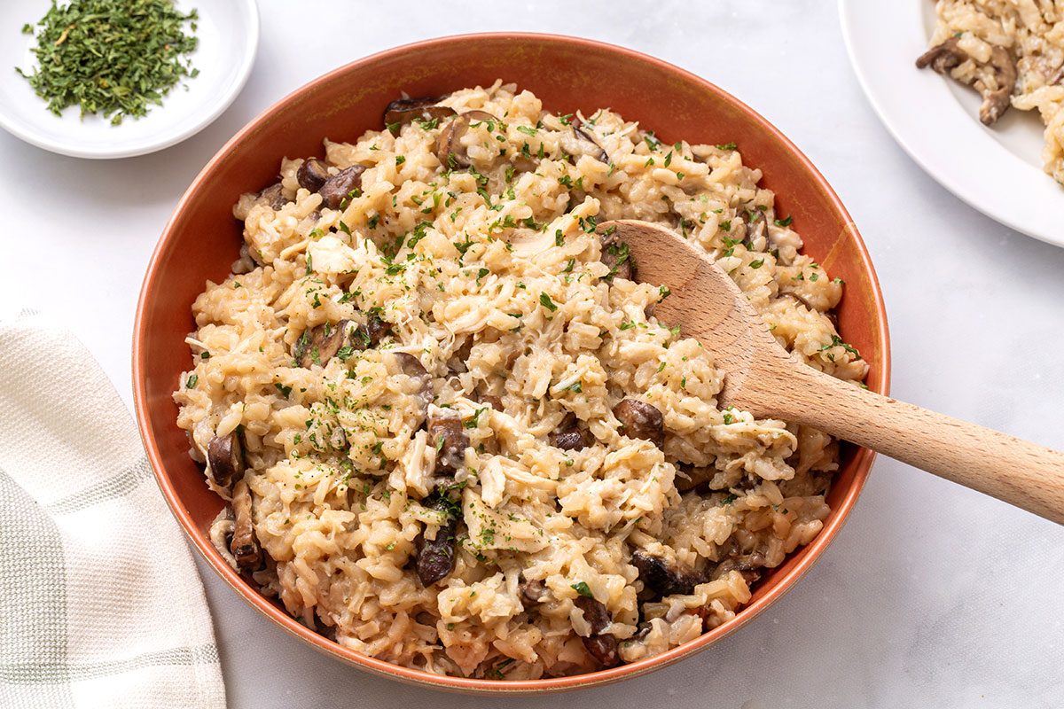 Chicken Risotto in a serving bowl for Taste of Home