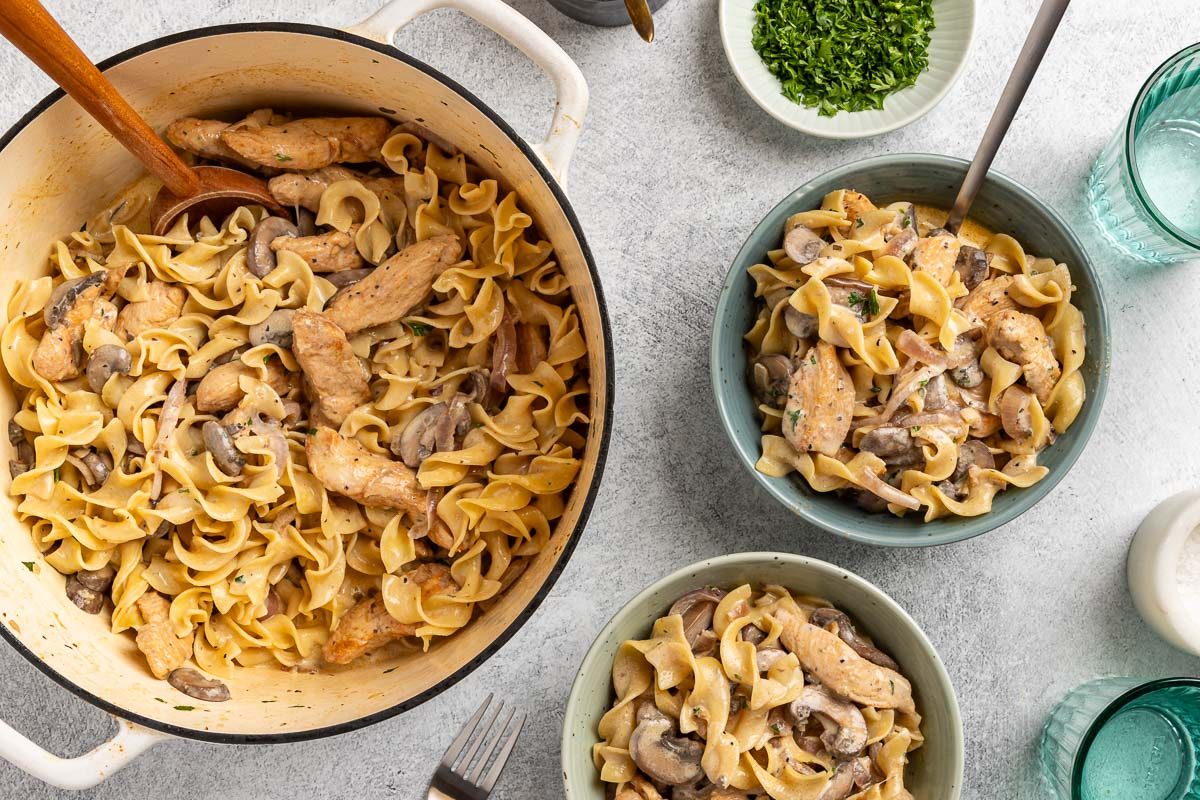 Chicken Stroganoff served in bowls