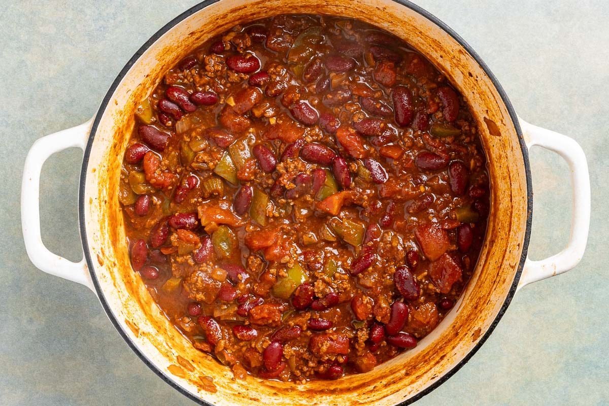 Taste of Home Chili with Cocoa Powder photo of all the ingredients simmered and ready to serve.