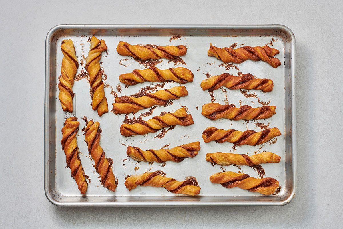 Baked crescent roll cinnamon twists on the pan