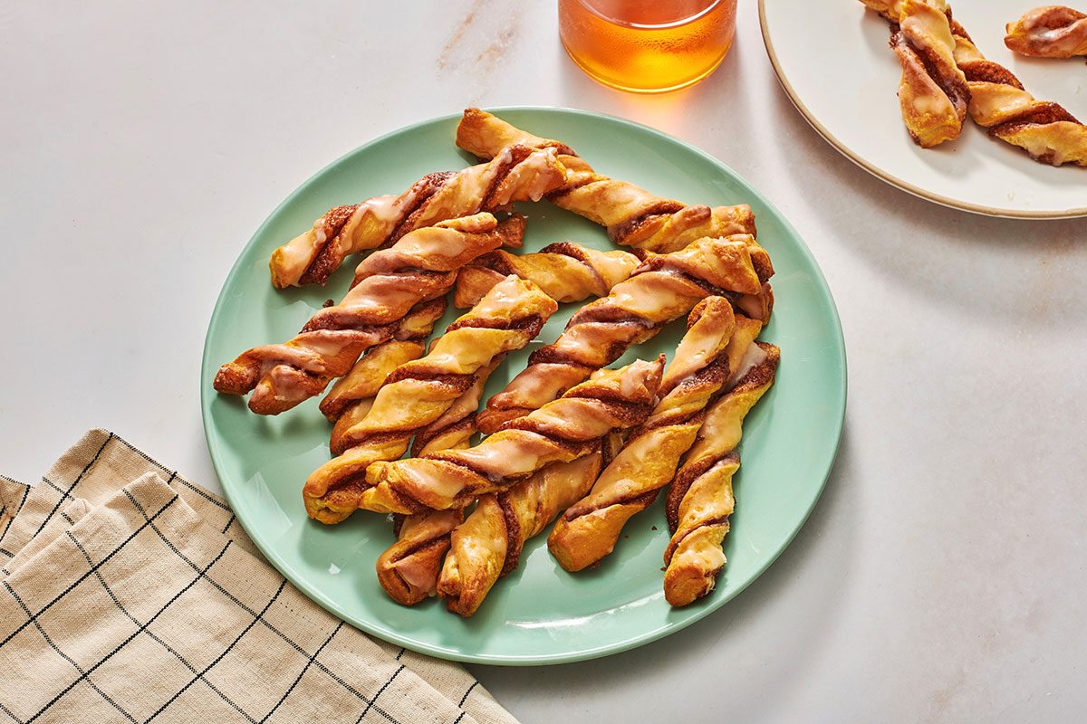 Crescent cinnamon roll twists on a serving platter