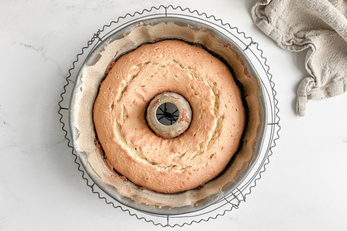 Taste of Home Coconut Pound Cake in a bundt pan on a wire rack