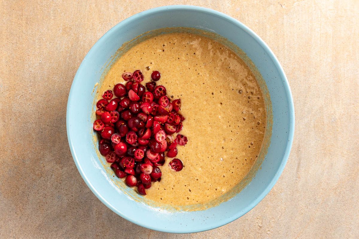 wet and dry ingredients, and the cranberries, combined.
