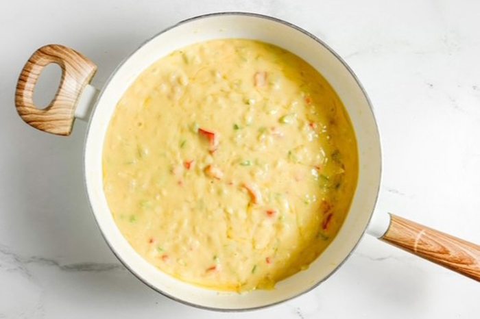 Sauce for Taste of Home Crawfish Fettucine in a white skillet