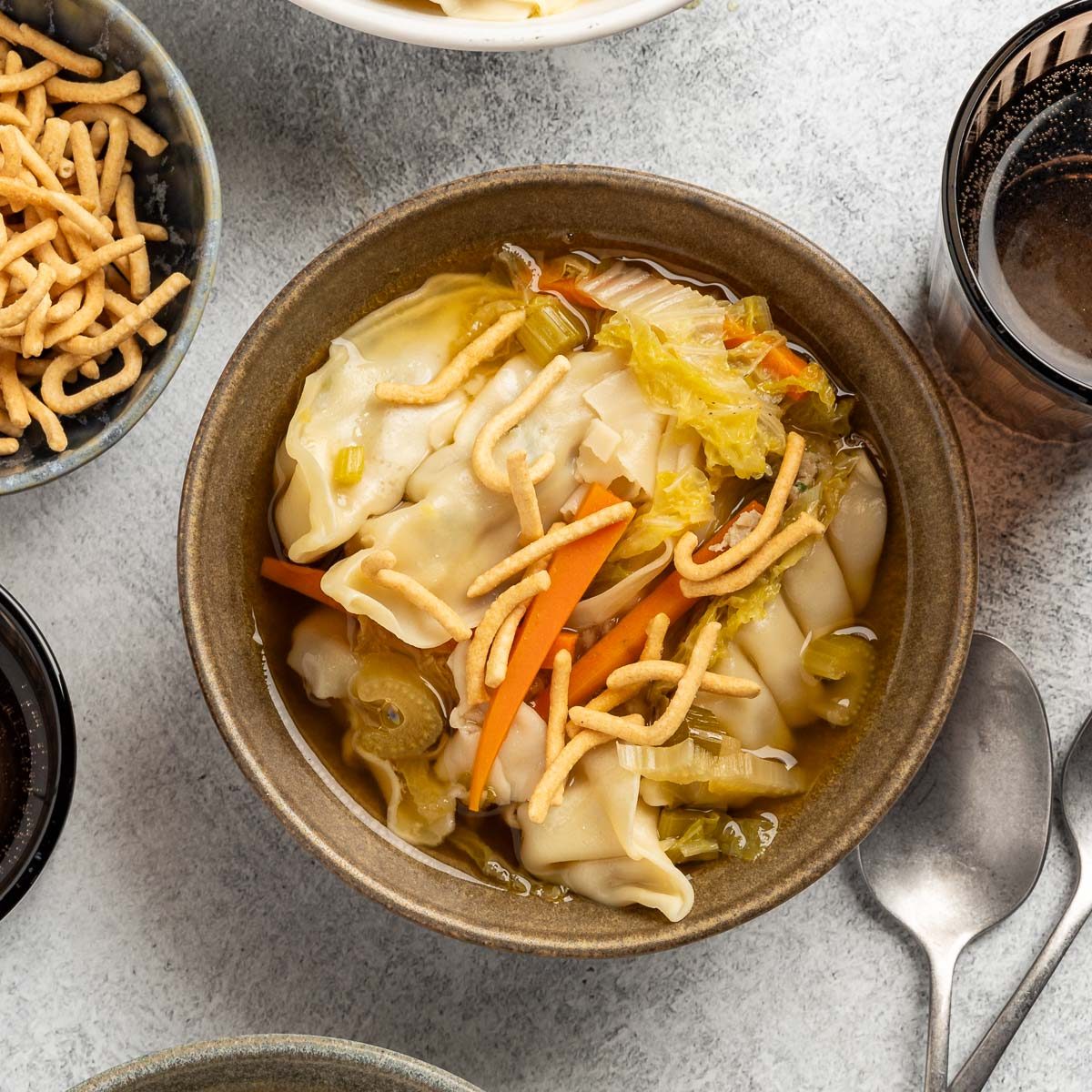 Potsticker Soup finished recipe served in bowls.