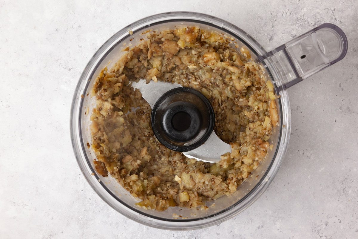 Step 2 of Taste of Home Eggplant Parmesan Meatballs is to process the eggplant in a food processor