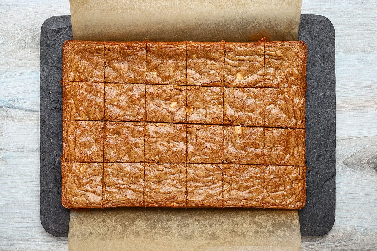 Gingerbread blondies cut into 24 squares and ready to enjoy.