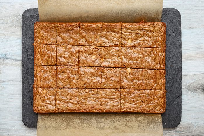 Gingerbread blondies cut into 24 squares and ready to enjoy.