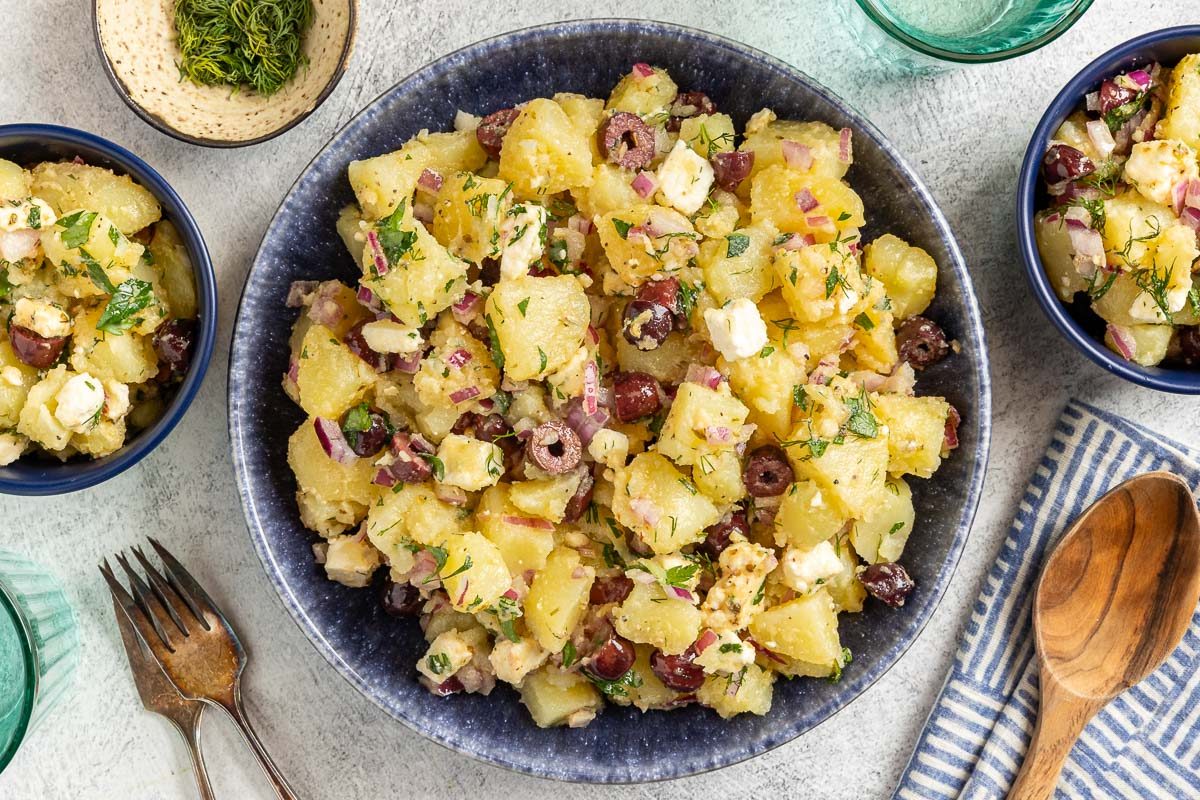 Greek Potato Salad in a serving bowl