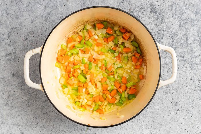 Taste of Home Mushroom Barley Soup reciped photo of the sauteed veggies.