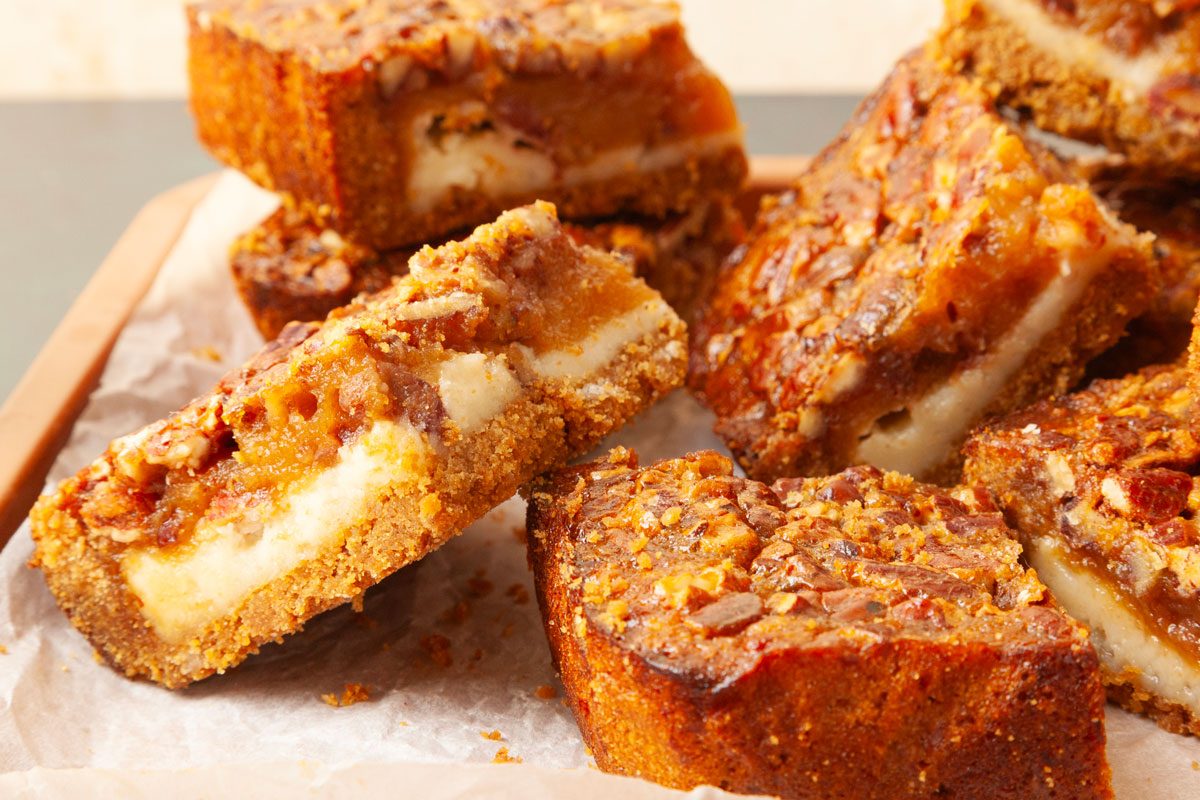 Close up of full yield of Taste of Home Pecan Pie Cheesecake Bars