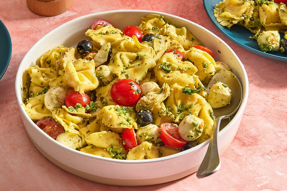 Closeup shot of pesto tortellini salad ready to be served