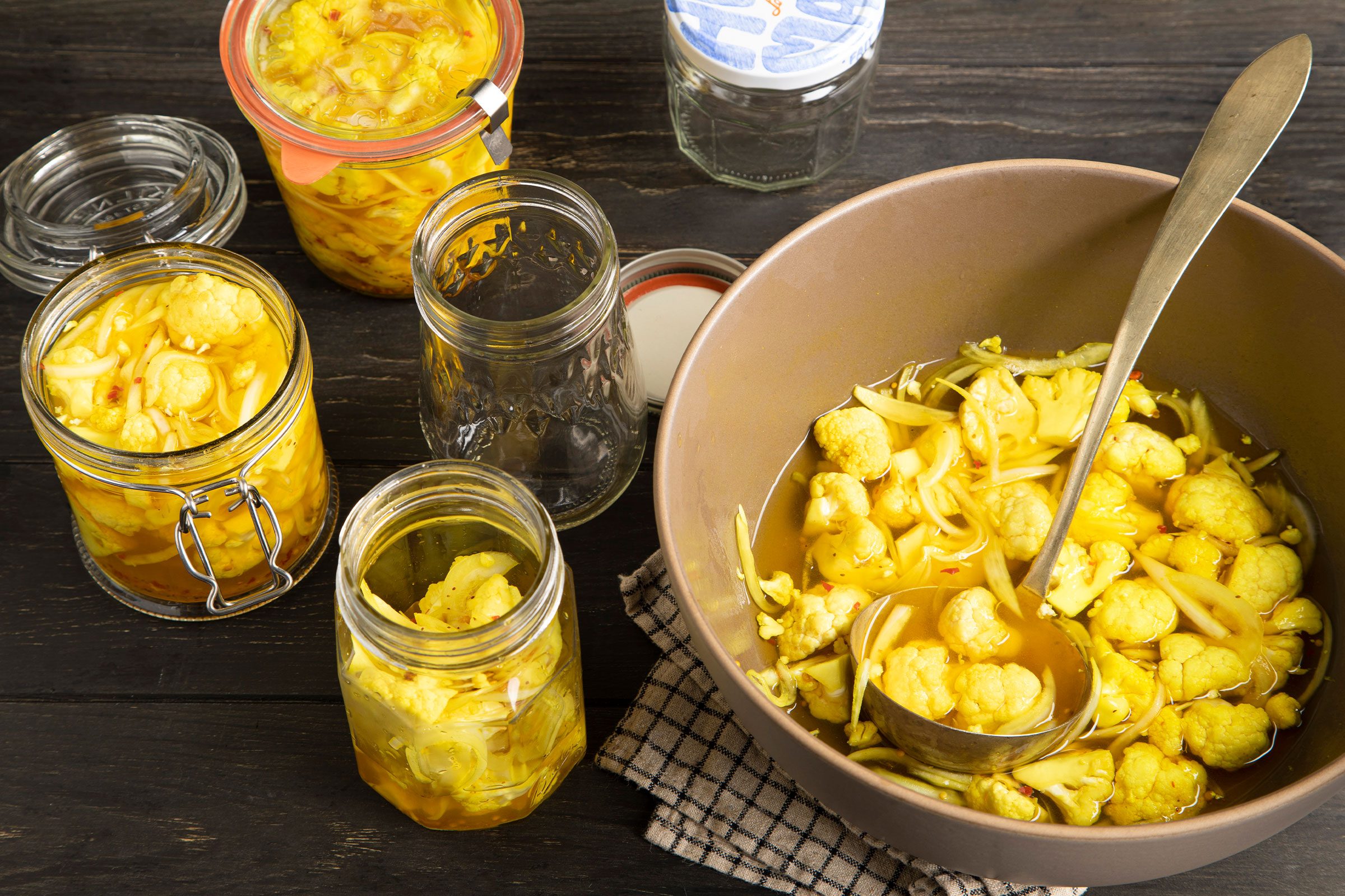 Pickled cauliflower bowl and jars