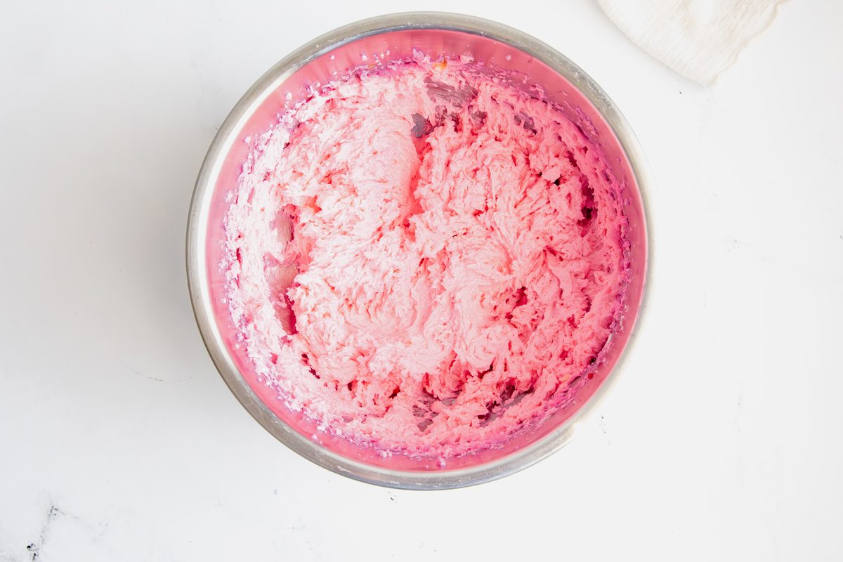 Overhead shot for Taste of Home Pink Cupcakes, wet ingredients mixed together.