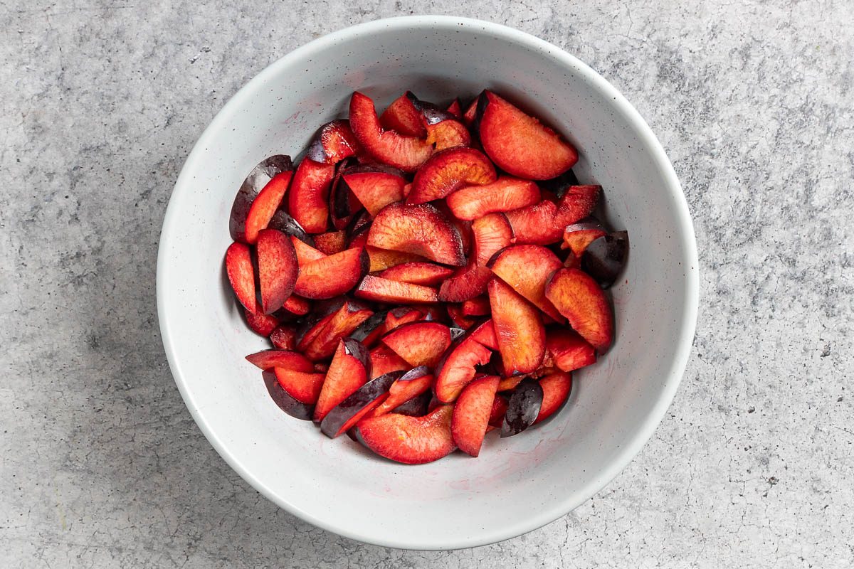 Taste of Home Plum Pie photo of the prepped plums.