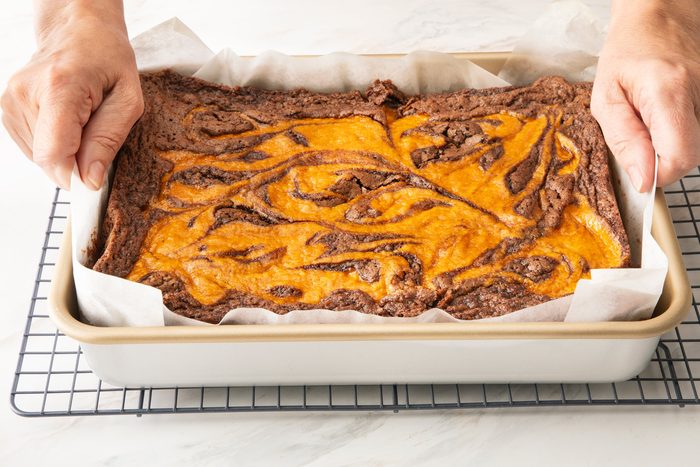Pumpkin brownie batter in tray