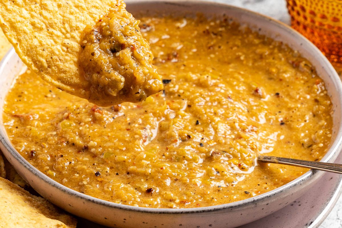 Taste of Home Salsa Morita photo of the finished recipe in a serving bowl with tortillas chips.