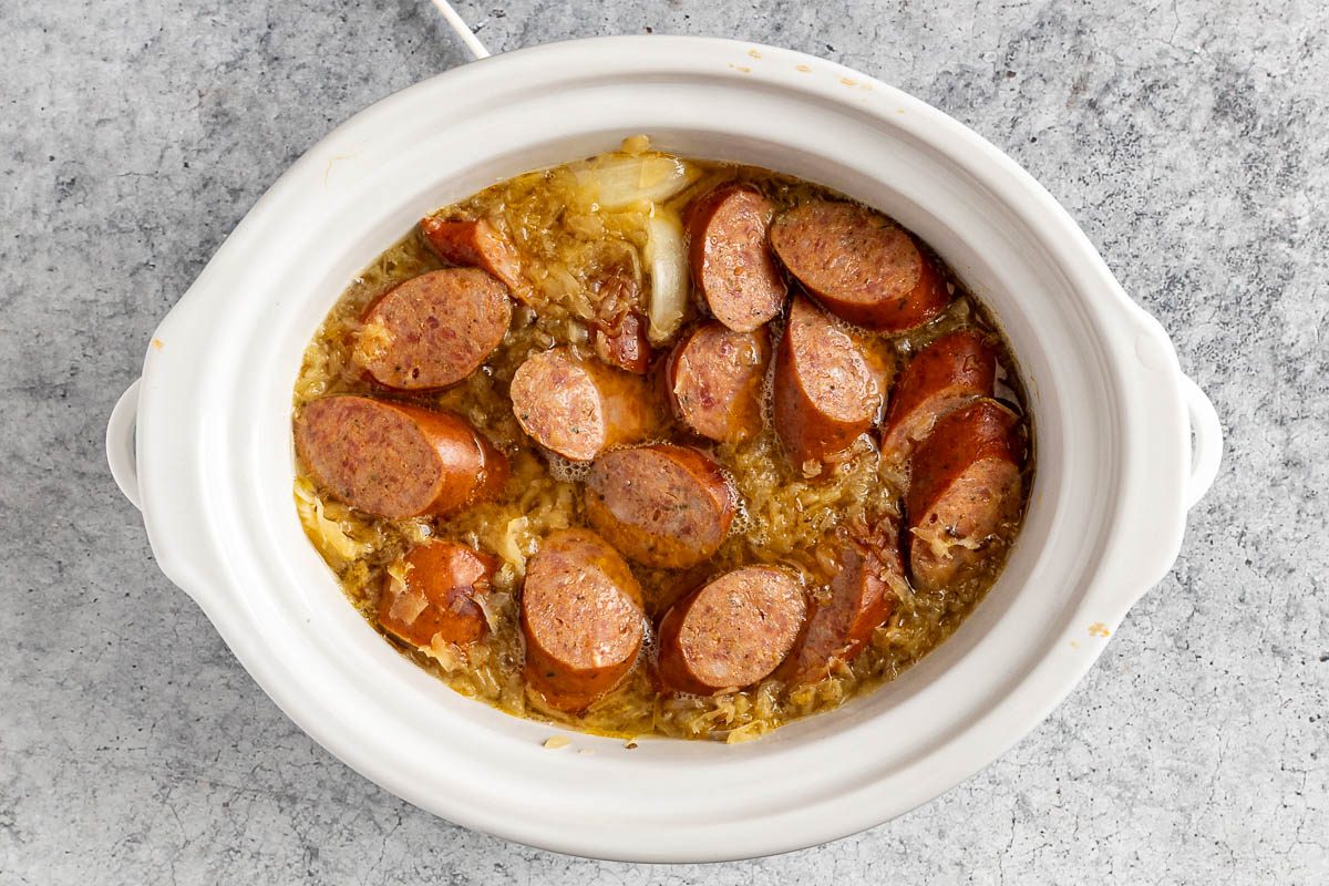 Sausage Sauerkraut Soup cooked in slow cooker