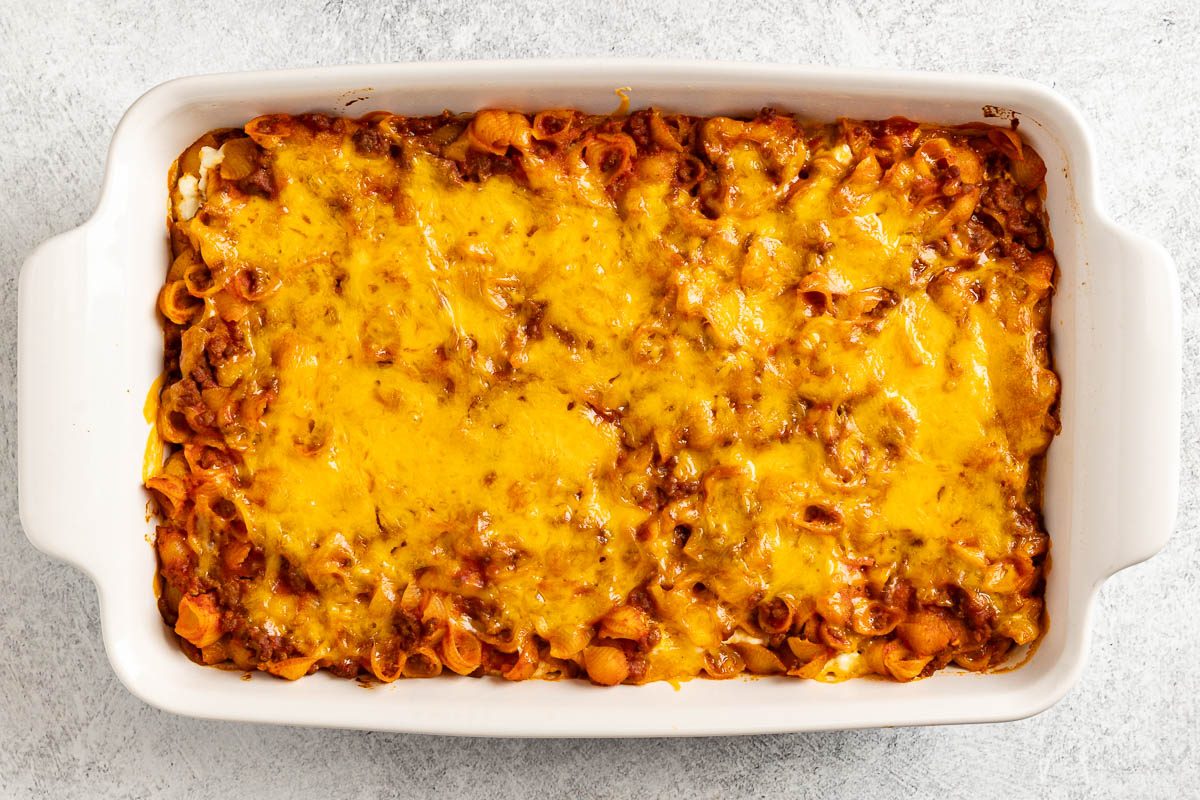 Taste of Home Sloppy Joe Pasta photo of the baked pasta.