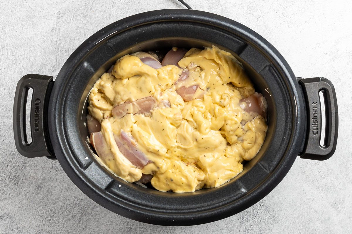 assembling the main ingredients in the slow cooker.