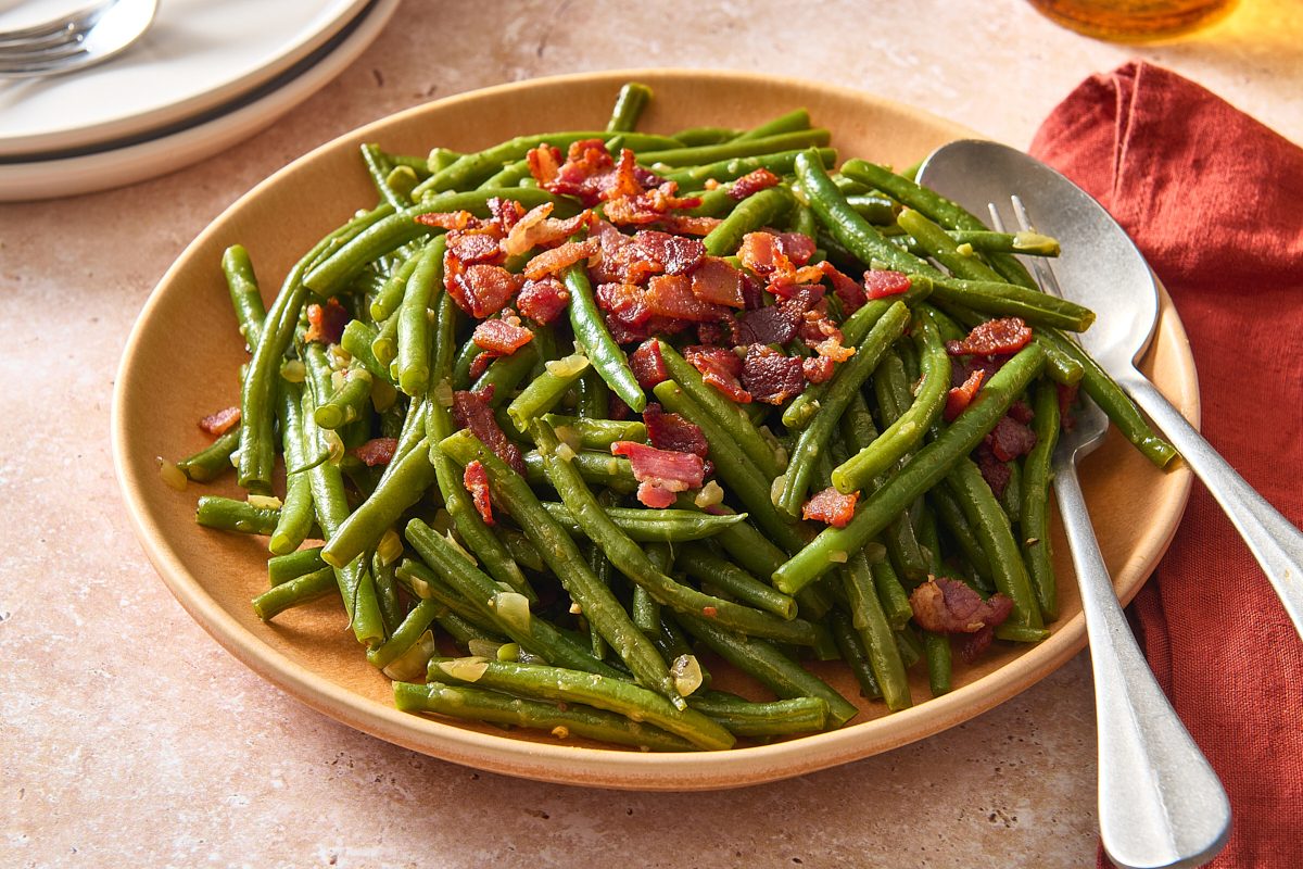 Closeup of a plate of Southern green beans ready to be served