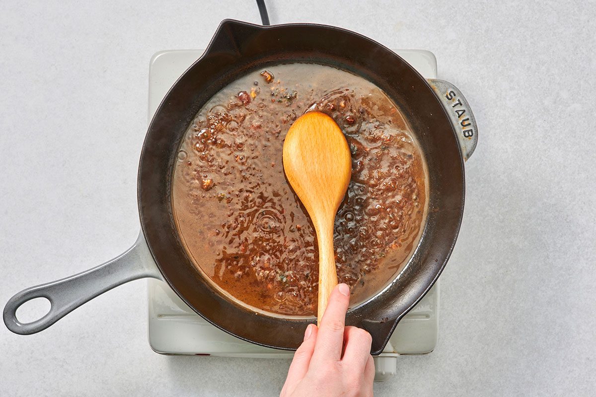 Pan sauce thickened in a cast iron skillet