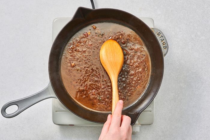 Pan sauce thickened in a cast iron skillet