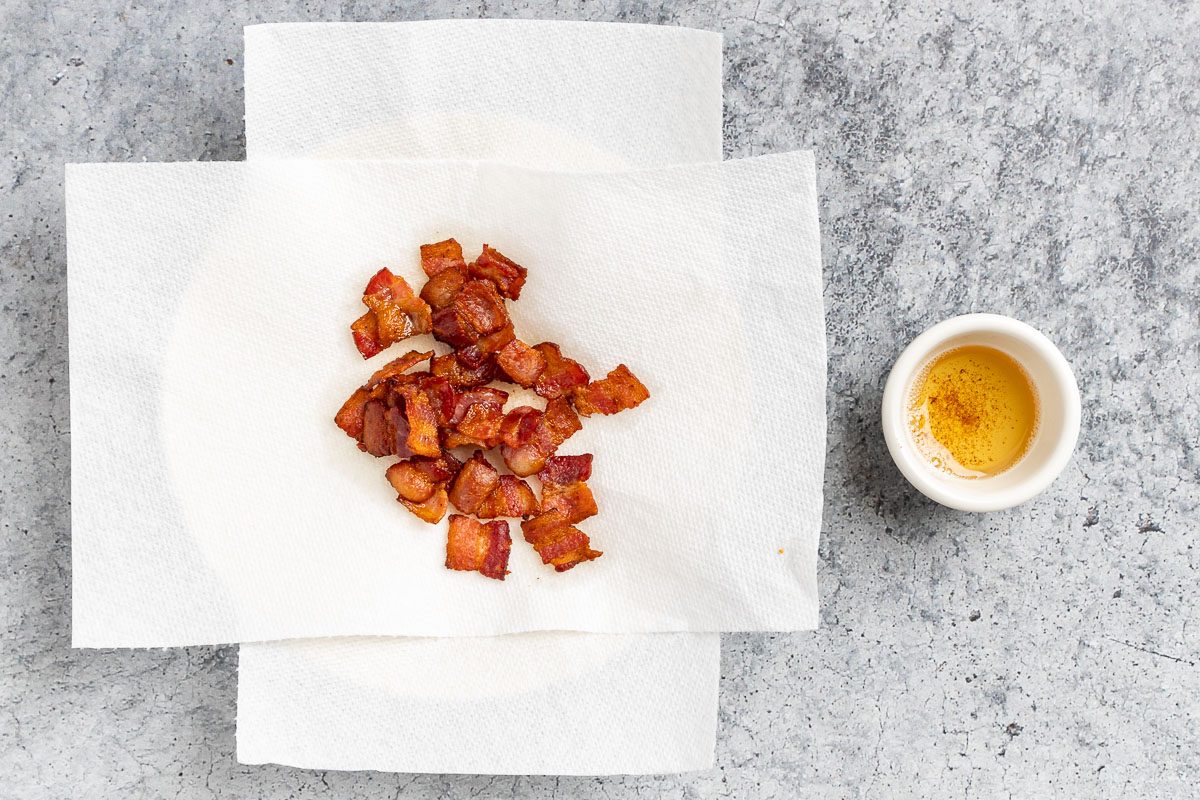 cooked bacon with tablespoon of reserved drippings.