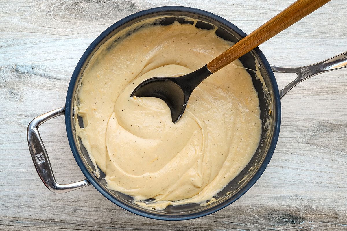 Making the cheese sauce for tuna mac and cheese.