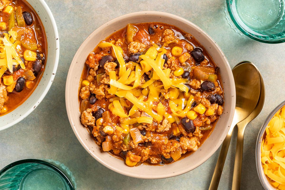 Taste of Home Turkey Black Bean Chili photo of the finished recipe served in bowls.