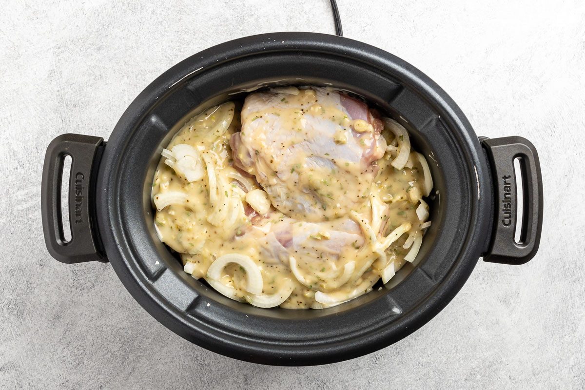 all the ingredients, minus the sour cream, added to the crockpot.