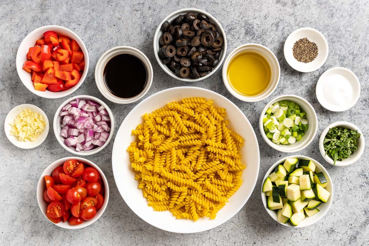Taste of Home Vegan Pasta Salad photo of the ingredients.
