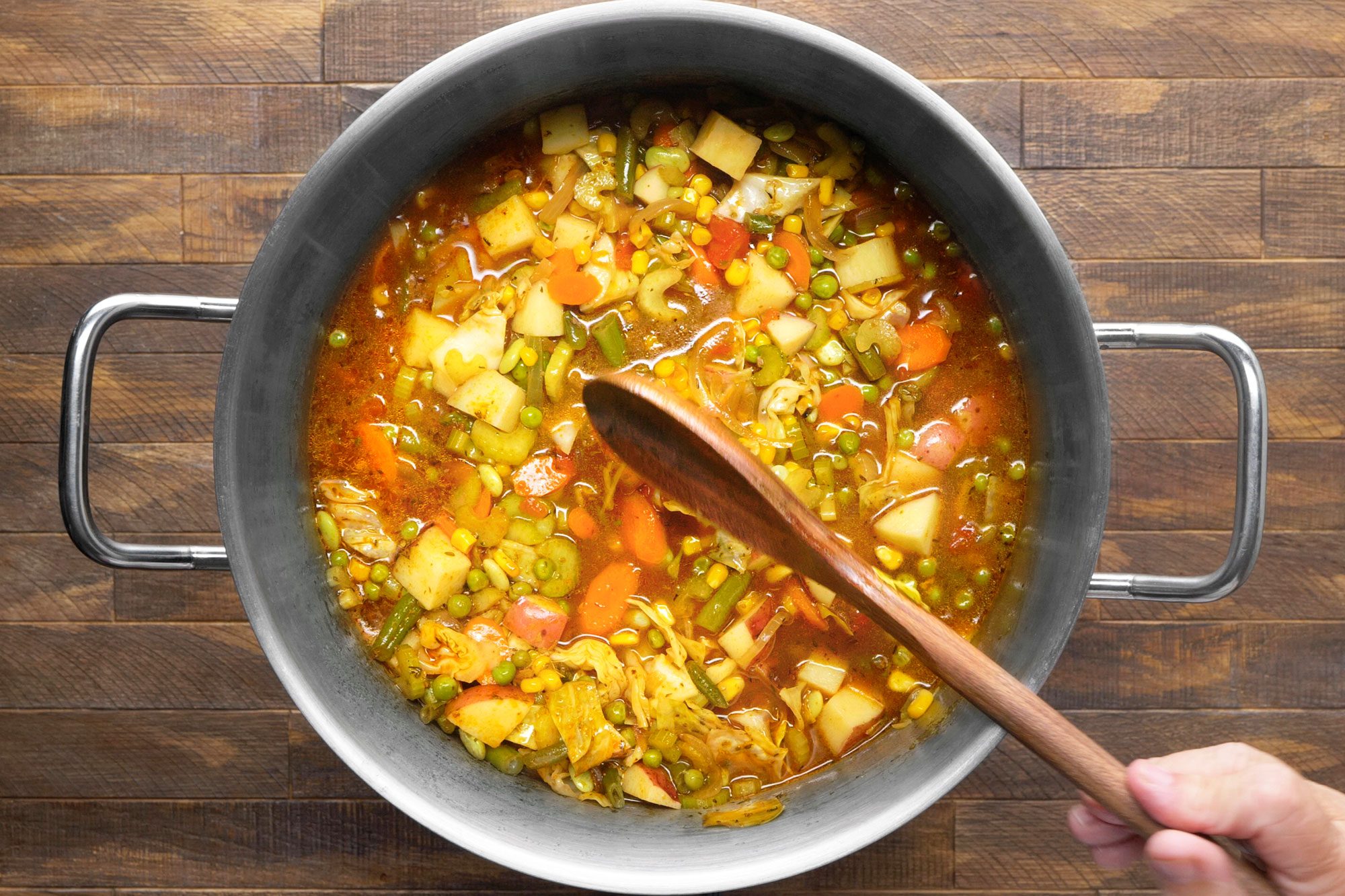 Hearty Vegetable Beef Soup in a stainless steel pot