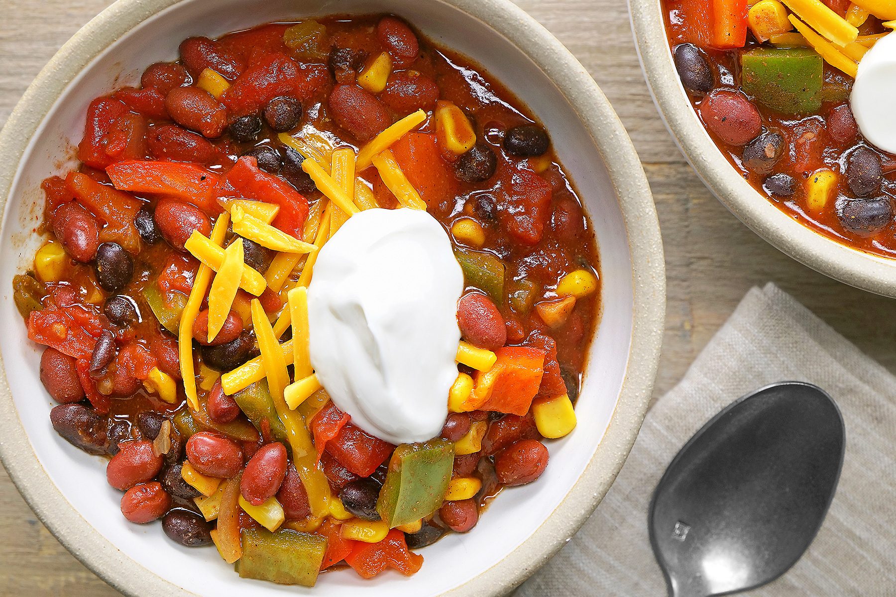 Vegetarian Chili served in a white bowl 