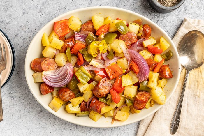 Taste of Home Andouille Sausage and Peppers photo of the finished recipe in a serving dish.