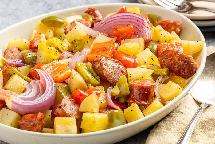 Taste of Home Andouille Sausage and Peppers photo of the finished recipe in a serving dish.