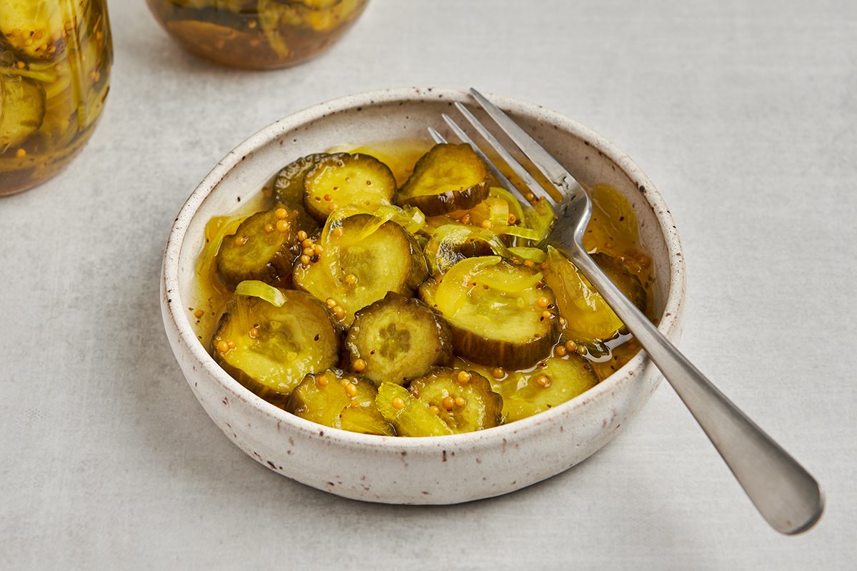 Sweet and tangy bread and butter pickles recipe by Taste of Home.