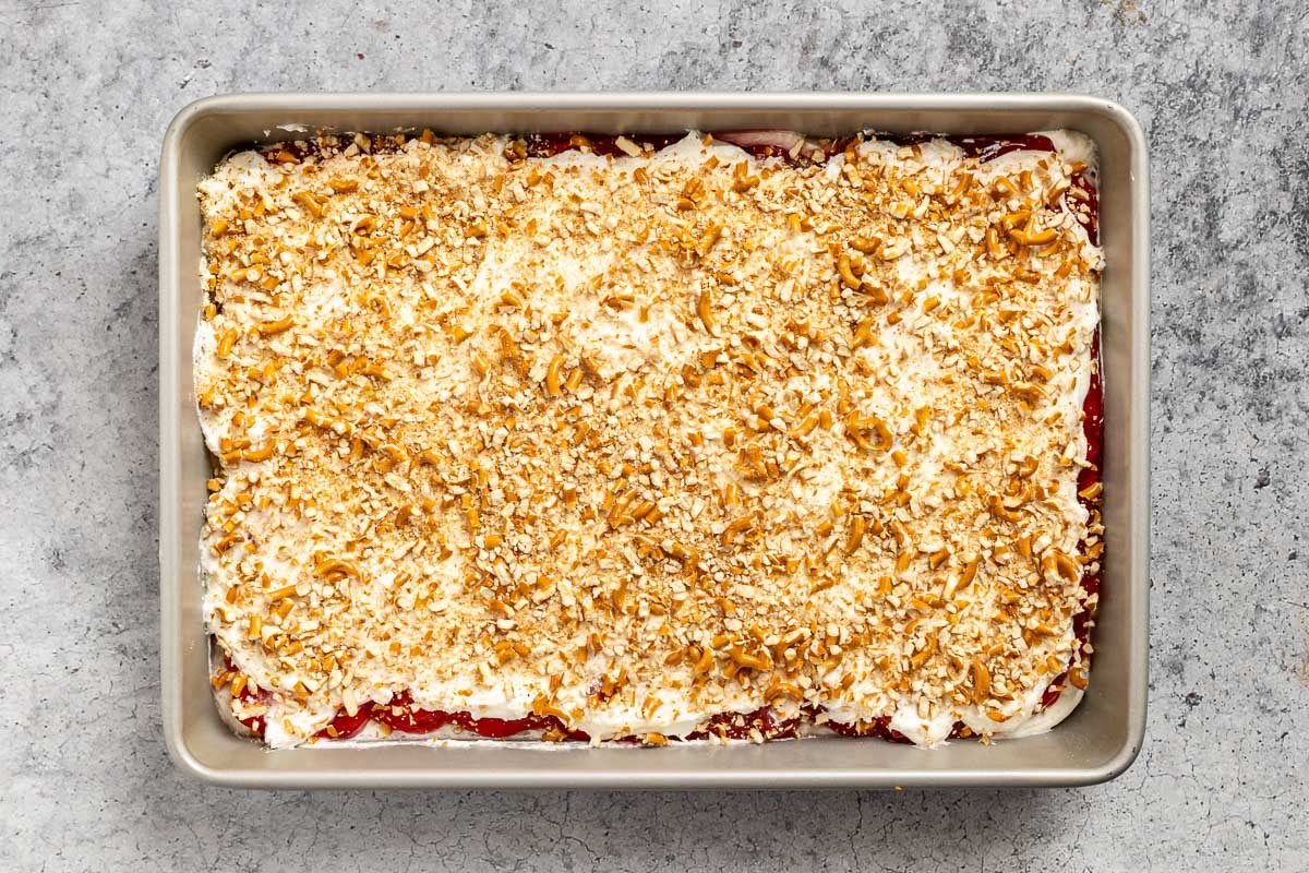 Taste of Home Cherry Pretzel Dessert photo of the assembled dessert.