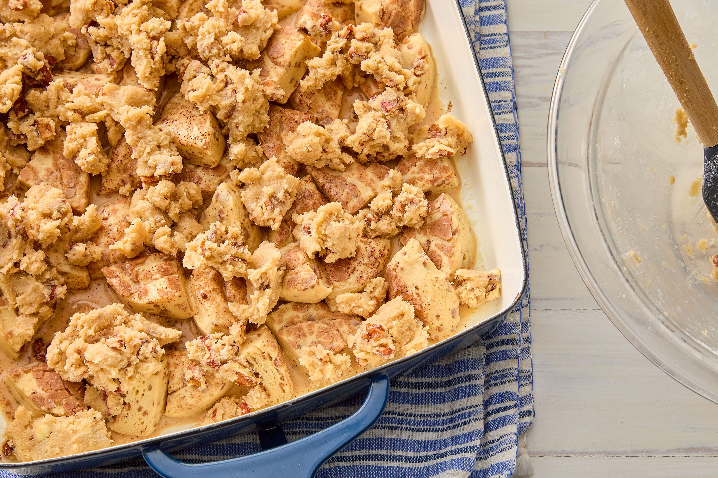 Cinnamon Rolls cut into pieces and placed in a baking dish
