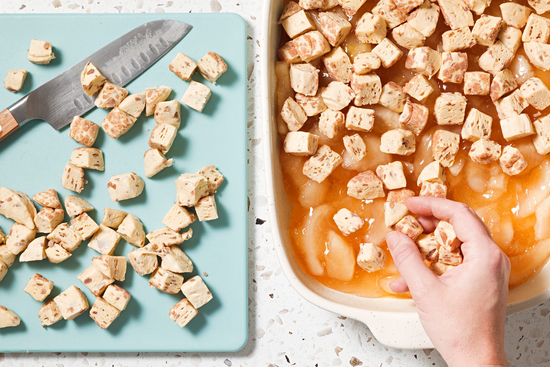 Top with pieces of cinnamon roll.