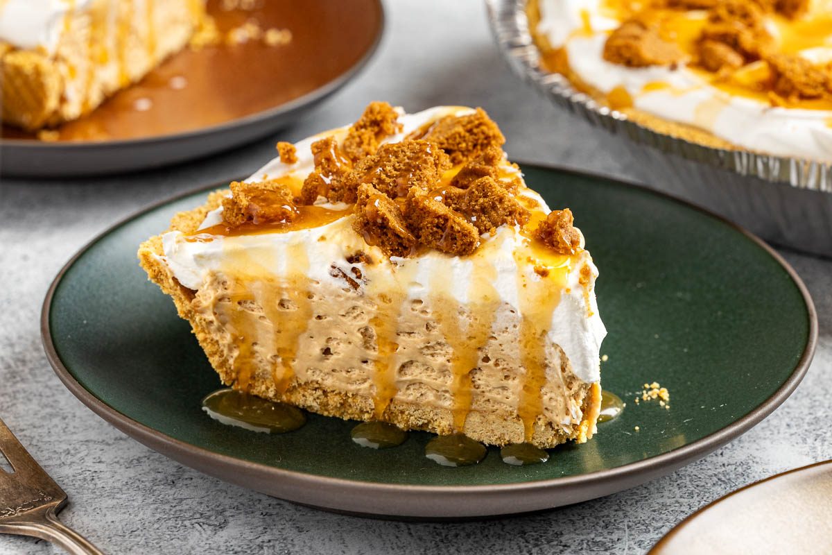 Taste of Home Cookie Butter Pie photo of the finished recipe cut into slices and served on plates.