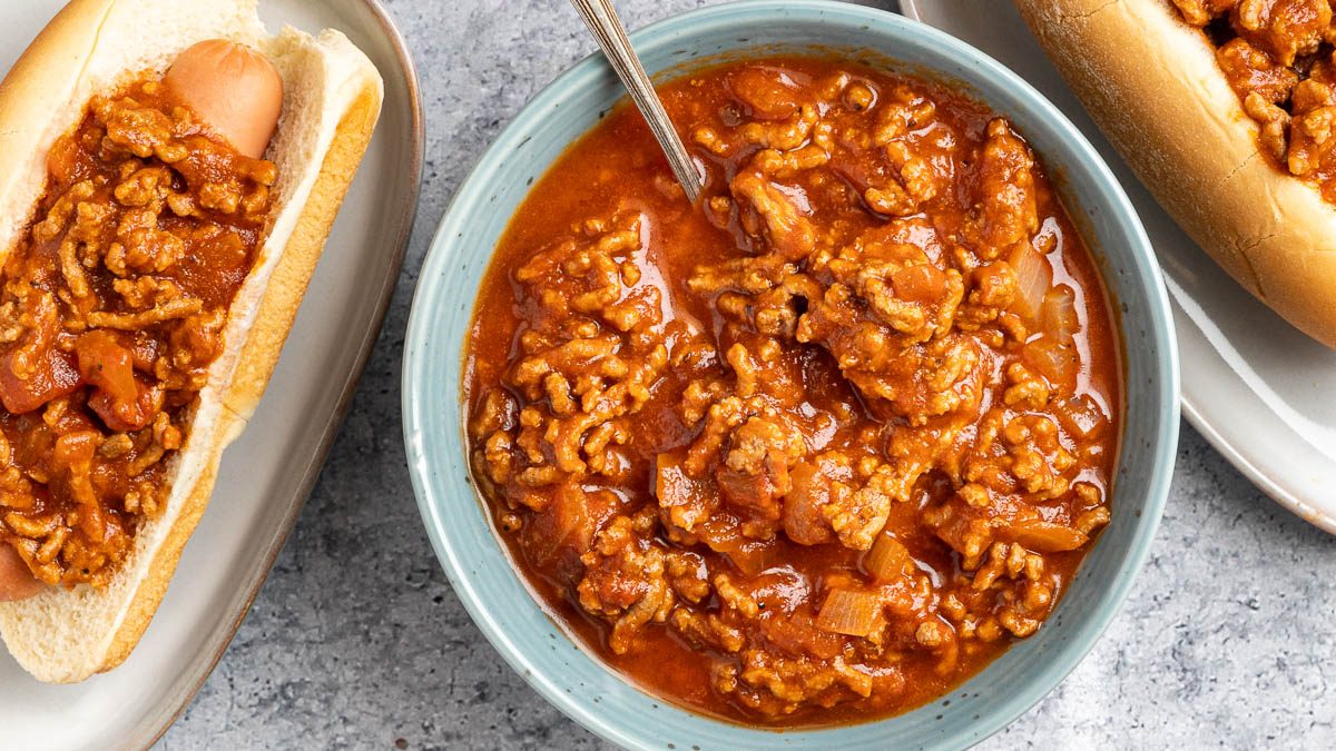 Taste of Home Hot Dog Sauce photo of the finished recipe served over hot dogs.