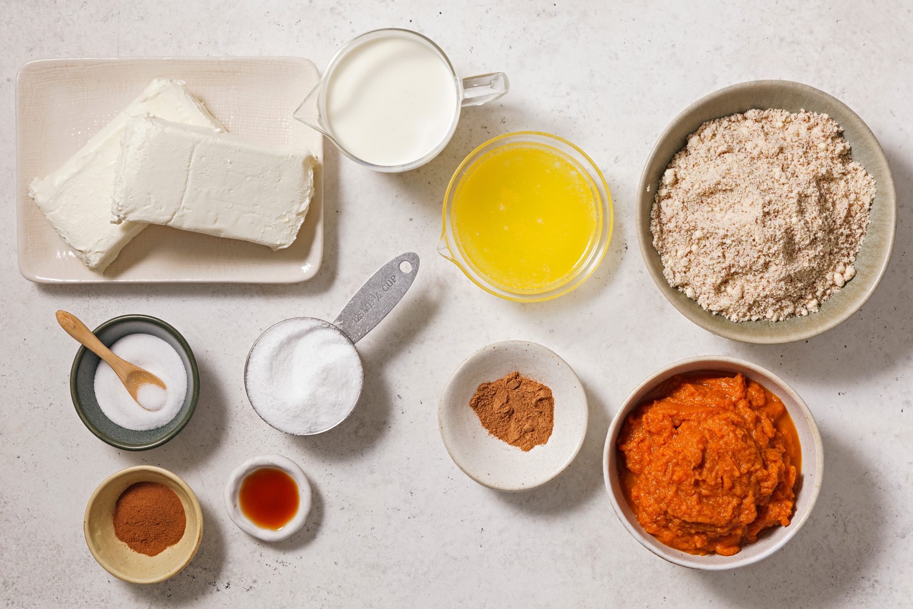 Overhead view of ingredients for keto pumpkin cheesecake.