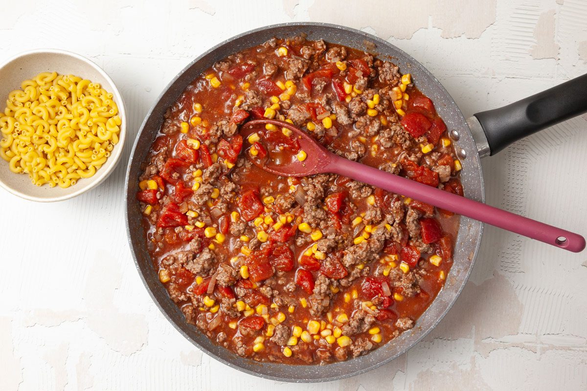 Step 2 of Taste of Home Mexi-Mac Skillet is toa dd the rest of the ingredients